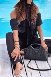 Elegant Solid Flounce Fold Off the Shoulder Loose Jumpsuits