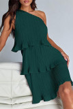 Casual Solid Flounce Oblique Collar Cake Skirt Dresses