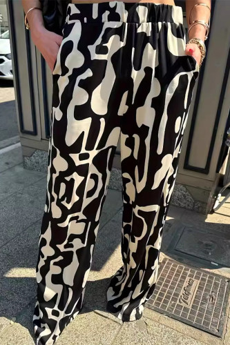 Casual Geometric Print Pocket Loose Wide Leg Full Print Bottoms
