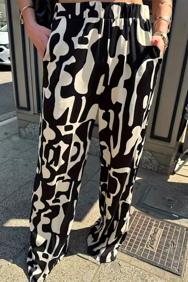 Casual Geometric Print Pocket Loose Wide Leg Full Print Bottoms