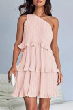 Casual Solid Flounce Oblique Collar Cake Skirt Dresses