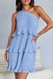 Casual Solid Flounce Oblique Collar Cake Skirt Dresses