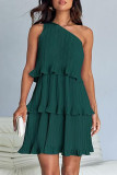Casual Solid Flounce Oblique Collar Cake Skirt Dresses