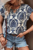 Casual Vintage Floral Hollowed Out V Neck T-Shirts