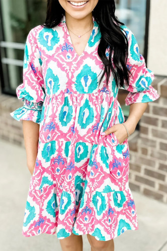 Sweet Elegant Geometric Print Pocket V Neck A Line Dresses