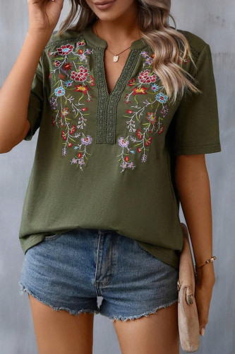 Casual Flowers Embroidered V Neck T-Shirts