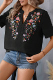 Casual Flowers Embroidered V Neck T-Shirts