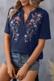 Casual Flowers Embroidered V Neck T-Shirts