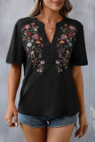 Casual Flowers Embroidered V Neck T-Shirts