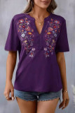 Casual Flowers Embroidered V Neck T-Shirts