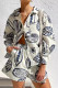 Casual Print Graffiti Pocket Turndown Collar Long Sleeve Two Pieces