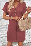 Casual Simplicity Solid Buttons Fold V Neck Short Sleeve Short Sleeve Dress