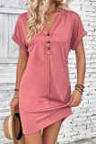 Casual Simplicity Solid Buttons Fold V Neck Short Sleeve Short Sleeve Dress