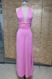 Sexy Solid Backless Slit Halter Sleeveless Dresses