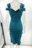 Elegant Solid Fold V Neck One Step Skirt Dresses