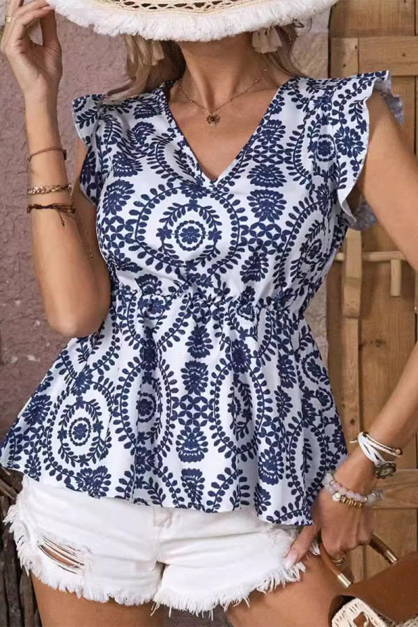 Casual Geometric Print Flounce V Neck Tops