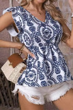 Casual Geometric Print Flounce V Neck Tops