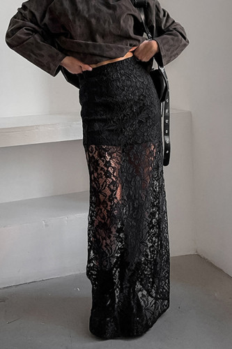 Sexy Solid Lace See-through Straight High Waist Solid Color Bottoms