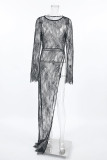 Sexy Solid Lace Hollowed Out See-through O Neck Irregular Dresses