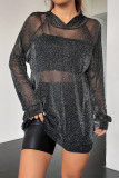 Sexy Solid See-through Mesh Hooded Collar Long Sleeve Dresses