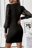 Elegant Solid Lace Patchwork O Neck Wrapped Skirt Dresses