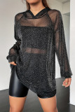 Sexy Solid See-through Mesh Hooded Collar Long Sleeve Dresses