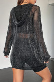 Sexy Solid See-through Mesh Hooded Collar Long Sleeve Dresses