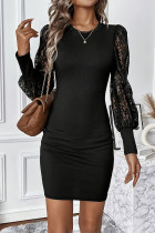 Elegant Solid Lace Patchwork O Neck Wrapped Skirt Dresses
