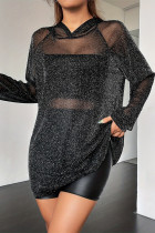 Sexy Solid See-through Mesh Hooded Collar Long Sleeve Dresses