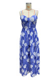 Floral Print Pocket V Neck Sling Dresses