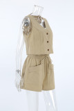 Casual Daily Solid Pocket Buttons V Neck Sleeveless Two Pieces