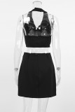 Elegant Simplicity Solid Buttons V Neck Sleeveless Two Pieces