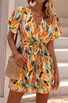 Casual Geometric Print Bandage Contrast V Neck Loose Rompers