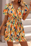 Casual Geometric Print Bandage Contrast V Neck Loose Rompers