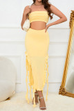 Sexy Solid Slit Stringy Selvedge O Neck Sleeveless Two Pieces