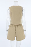 Casual Daily Solid Pocket Buttons V Neck Sleeveless Two Pieces