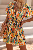 Casual Geometric Print Bandage Contrast V Neck Loose Rompers