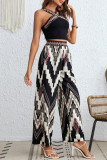 Casual Vintage Color Lump Print Contrast Halter Sleeveless Two Pieces