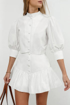 Casual Daily Solid Color Buttons Ruffle Mandarin Collar Half Sleeve Two Pieces