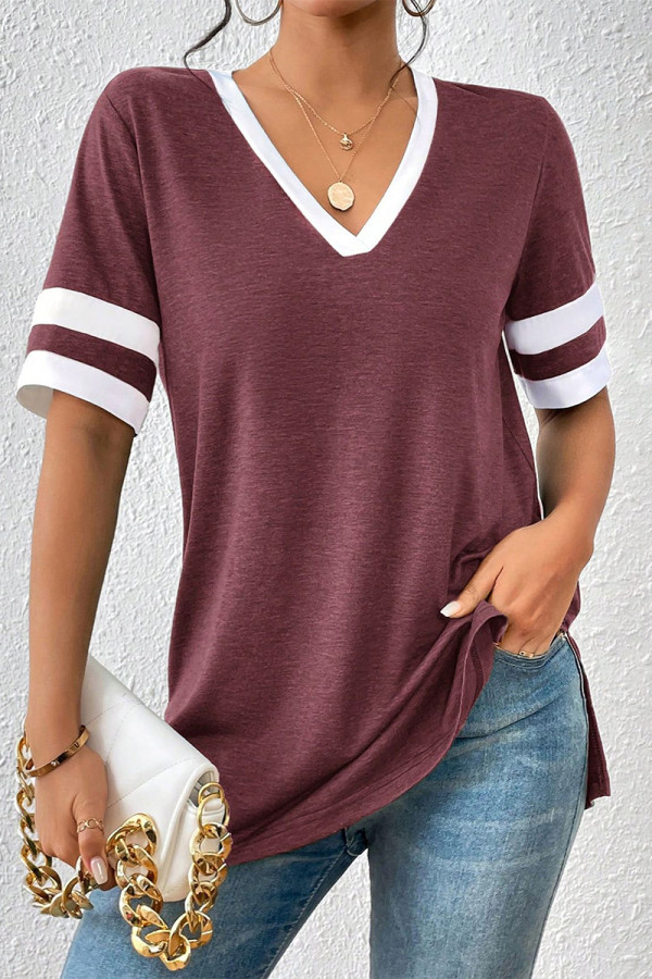 Daily Colorblock Patchwork Contrast V Neck T-Shirts