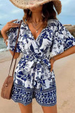 Casual Floral Print Bandage V Neck Loose Rompers