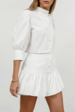 Casual Daily Solid Color Buttons Ruffle Mandarin Collar Half Sleeve Two Pieces