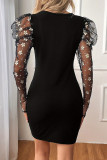 Sexy Flowers Mesh Contrast O Neck Wrapped Skirt Dresses