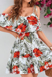 Boho Floral Print Lace Up Ruffle Hem U Neck Dresses