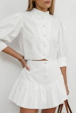 Casual Daily Solid Color Buttons Ruffle Mandarin Collar Half Sleeve Two Pieces