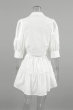 Casual Daily Solid Color Buttons Ruffle Mandarin Collar Half Sleeve Two Pieces