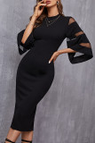 Daily Solid Color See-through O Neck Wrapped Skirt Dresses