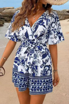 Casual Floral Print Bandage V Neck Loose Rompers