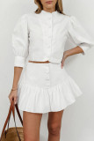 Casual Daily Solid Color Buttons Ruffle Mandarin Collar Half Sleeve Two Pieces