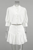 Casual Daily Solid Color Buttons Ruffle Mandarin Collar Half Sleeve Two Pieces